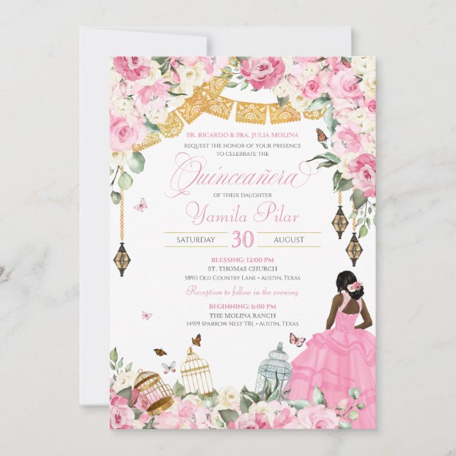 Convite Borboleta Floral Elegante Branca Rosa Quinceanera  (Frente)