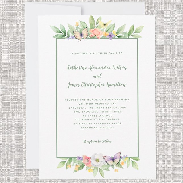Convite Borboleta Floral Floral de Casamento Elegante Verd (Elegant Wedding Watercolor Floral Butterfly Green Invitation)