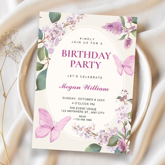 Convite Borboleta floral lilás de aniversário (Criador carregado)