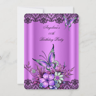 Convite Borboleta Floral Lilás Rosa Renda Preta Aniversári