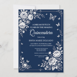 Convite Borboleta Floral Prata Azul Meia-Noite Quinceañera