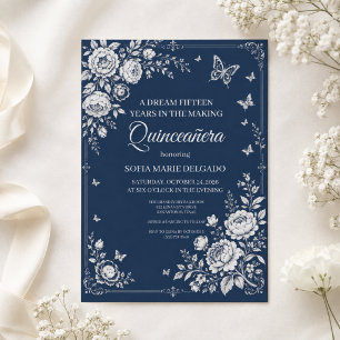 Convite Borboleta Floral Prata Azul Meia-Noite Quinceañera