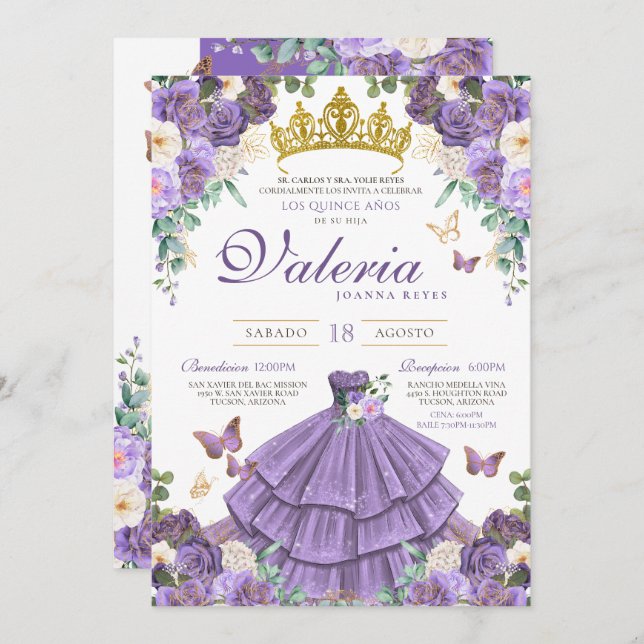 Convite Borboleta Floral Puro-Claro Princesa Quinceanera (Frente/Verso)