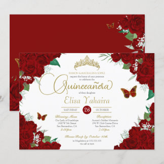 Convite Borboleta Floral Quinceanera, Rosas vermelhas