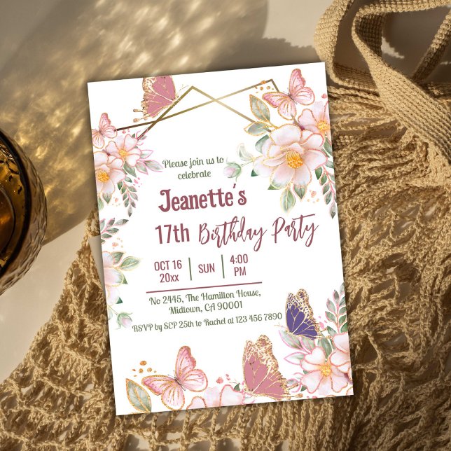 Convite Borboleta floral rosa e elegante, 17.º aniversário (Front )