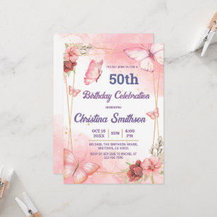 Convite Borboleta floral rosa e elegante, 50 anos