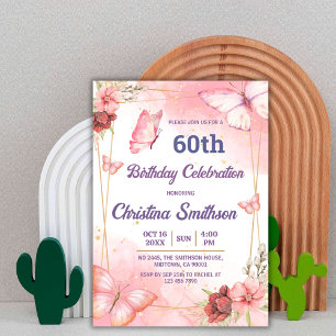 Convite Borboleta floral rosa e elegante 60 anos