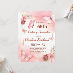 Convite Borboleta floral rosa e elegante 65 anos