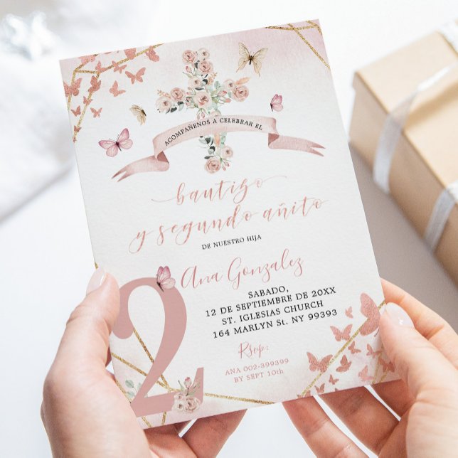 Convite Borboleta Floral rosa segundo aniversário de batis (Criador carregado)