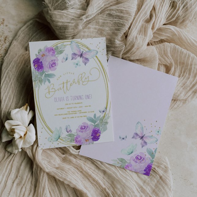Convite Borboleta Floral Roxa e Dourada Aniversário (Criador carregado)