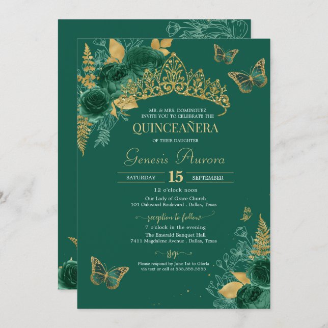 Convite Borboleta Floral Verde e Dourada Emerald Quinceañe (Frente/Verso)
