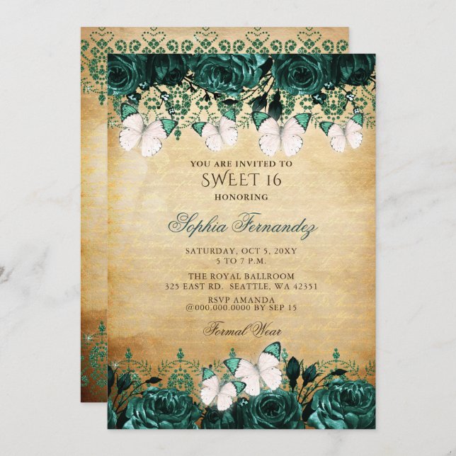 Convite Borboleta Floral Verde-Rustic 16 (Frente/Verso)