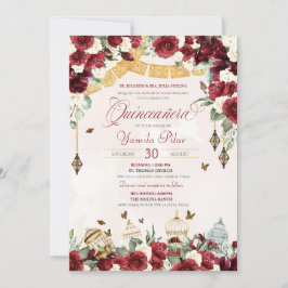 Convite Borboleta Floral Vermelha-Branca Elegante Quincean