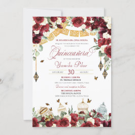 Convite Borboleta Floral Vermelha-Branca Elegante Quincean