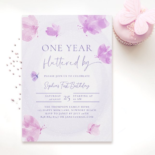 Convite Borboleta Flutuada por primeiro aniversario Rosa P (butterfly themed 1st birthday invitation girls pink purple watercolor one year fluttered by)