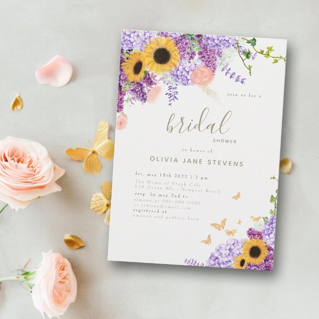 Convite Borboleta Girassol Lilac Chá de panela Russo (butterfly bridal shower invitation modern rustic sunflower hydrangea roses botanical floral elegant)
