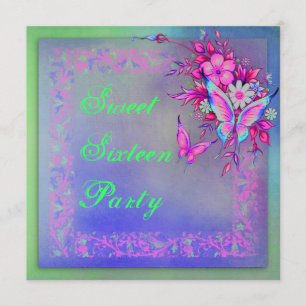 Convite Borboleta Grunge Neon Verde Rosa Aniversário de 16