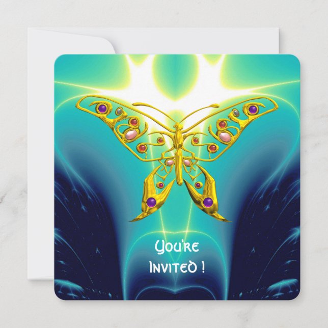Convite BORBOLETA HIPER OURO, Ondas Fractais Azul Turquesa (Frente)