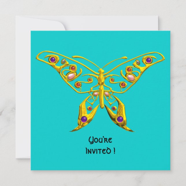 Convite BORBOLETA HIPER OURO, PEDRAS PRECIOSAS, Turquesa A (Frente)