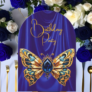 Convite Borboleta Joia Azul Dourado de Aniversário Impress