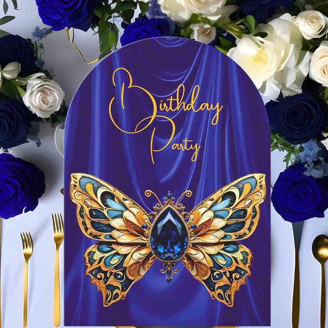 Convite Borboleta Joia Azul Dourado de Aniversário Impress (Criador carregado)