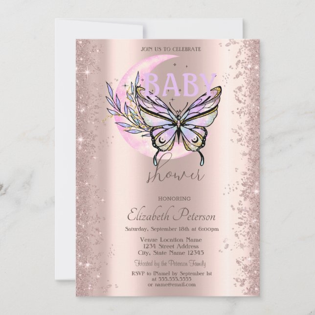 Convite Borboleta Lua Glitter Rosa Dourado Chã de Bebê (Frente)