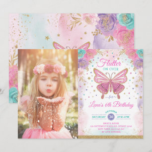 Convite Borboleta Mágica Pia Rosa Púrpura Fada Dourada A