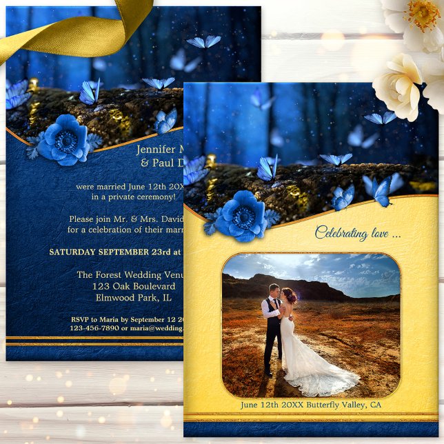 Convite Borboleta Mágica Sua Festa de casamento de Posto d (After wedding party invitation showing an enchanted forest at night with butterflies + custom photo)
