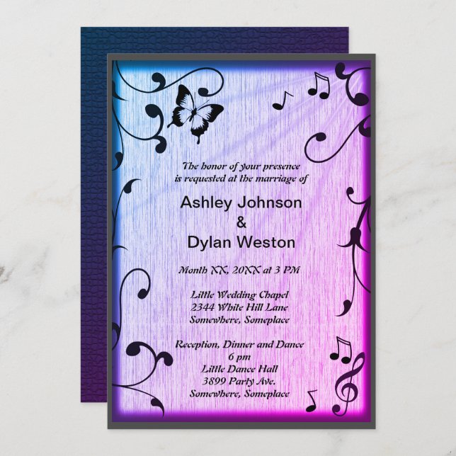 Convite Borboleta Música Deixa Casamento De Madeira Azul E (Frente/Verso)