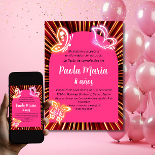 Convite Borboleta Neon Preta Menina Aniversário Espanhol