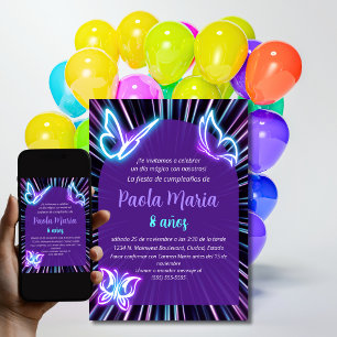 Convite Borboleta Neon Preta Roxa Aniversário Menina Espan