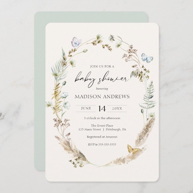 Convite Borboleta no Caminho do Chá de fraldas Boho (Frente/Verso)