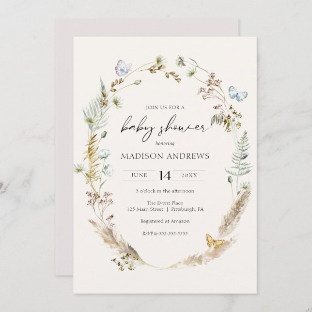 Convite Borboleta no Caminho do Chá de fraldas Boho (Frente/Verso)