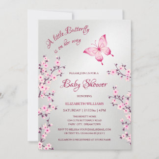 Convite Borboleta Prateada Rosa | Chás de Bebê Menina