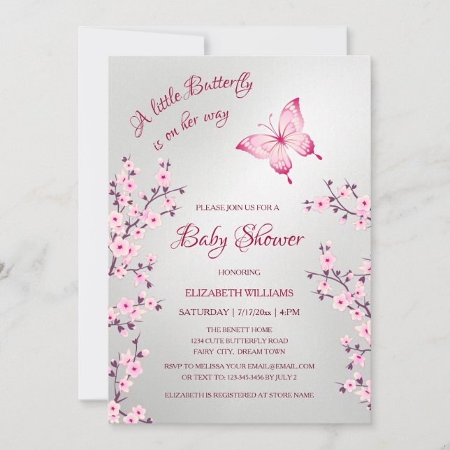 Convite Borboleta Prateada Rosa | Chás de Bebê Menina  (Frente)