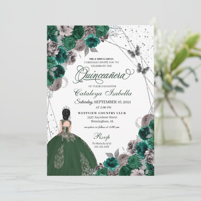 Convite Borboleta prateada verde Princesa Quinceanera (Em pé/Frente)