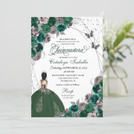 Convite Borboleta prateada verde Princesa Quinceanera