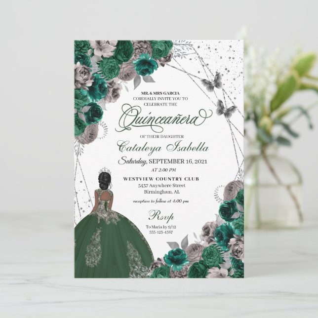 Convite Borboleta prateada verde Princesa Quinceanera (Em pé/Frente)
