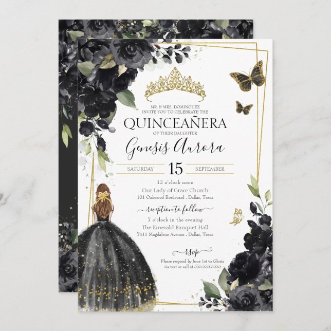 Convite Borboleta Preta de Quinceañera, Garota Vestida (Frente/Verso)