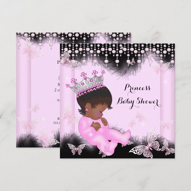 Convite Borboleta Preta Princesa Rosa Chuveiro de Bebê Étn (Frente/Verso)
