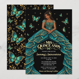 Convite Borboleta Princesa Azul Turquesa e Dourada Quincea