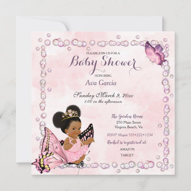 Convite Borboleta Princesa Bebê Menina Puffs (Frente)