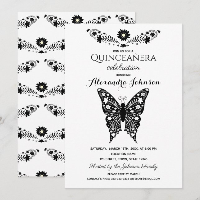 Convite Borboleta Quinceanera Black & White 15 Birday (Frente/Verso)