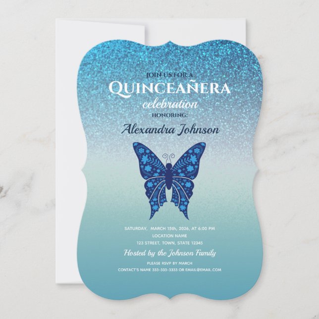 Convite Borboleta Quinceañera Brilho Azul (Frente)