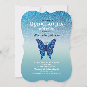 Convite Borboleta Quinceañera Brilho Azul