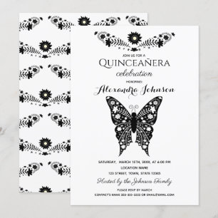 Convite Borboleta Quinceanera Preto e Branco 15º Aniversár