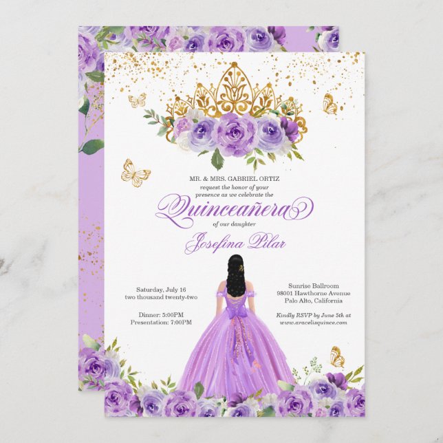 Convite Borboleta Quinceañera Purple Watercolor Flores Em (Frente/Verso)