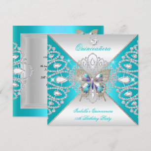 Convite Borboleta Quinceanera Tiara Teal Prata 15 Anos 2