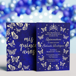 Convite Borboleta Real Azul e Dourada Quinceañera Tiara