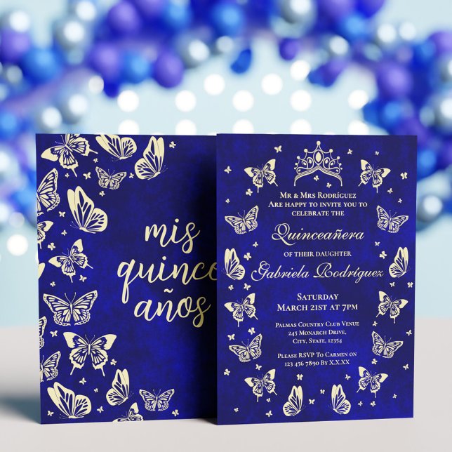 Convite Borboleta Real Azul e Dourada Quinceañera Tiara (Royal Blue and Gold Quinceañera Tiara Butterfly Invitation)